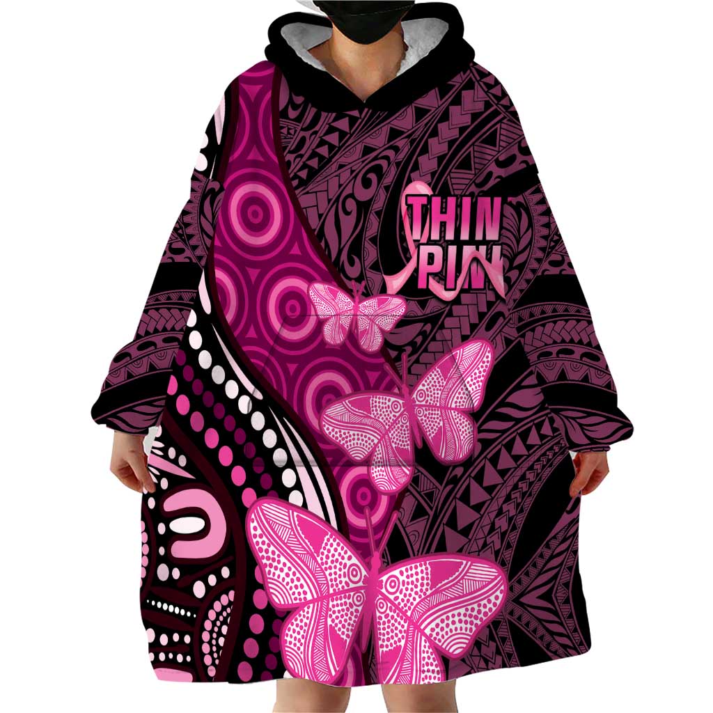 Think Pink Breast Cancer Awareness Wearable Blanket Hoodie Butterfly Aboriginal Mix Polynesian Pattern - Vibe Hoodie Shop