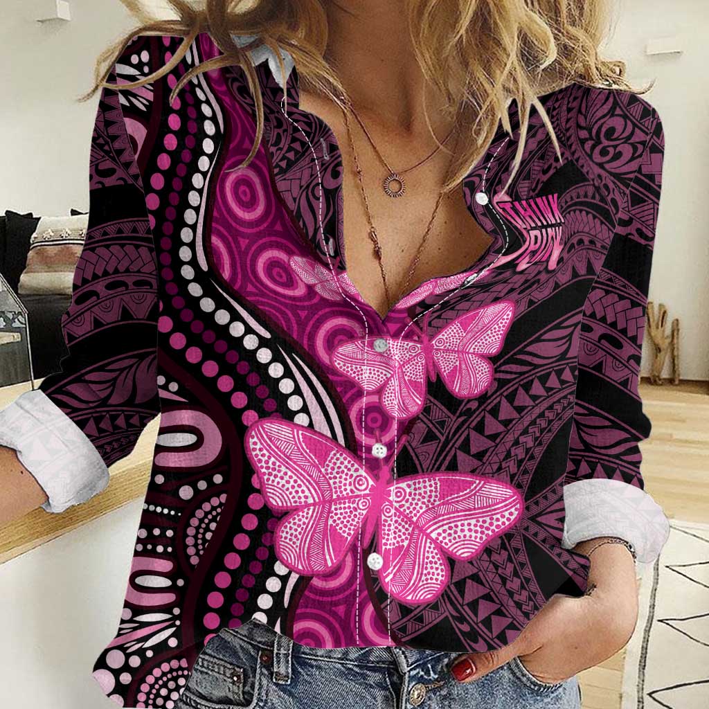 Think Pink Breast Cancer Awareness Women Casual Shirt Butterfly Aboriginal Mix Polynesian Pattern - Vibe Hoodie Shop