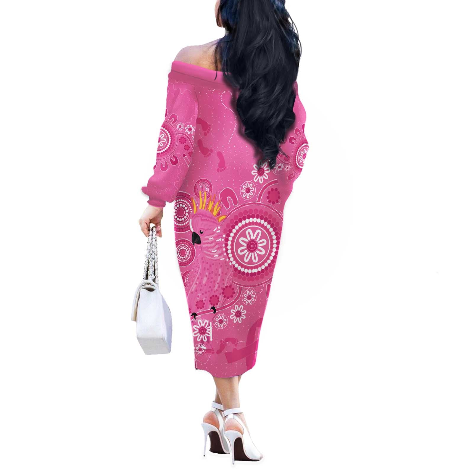Pink Ribbon Australia Off The Shoulder Long Sleeve Dress Breast Cancer Awareness Aboriginal Cacatua leadbeateri - Vibe Hoodie