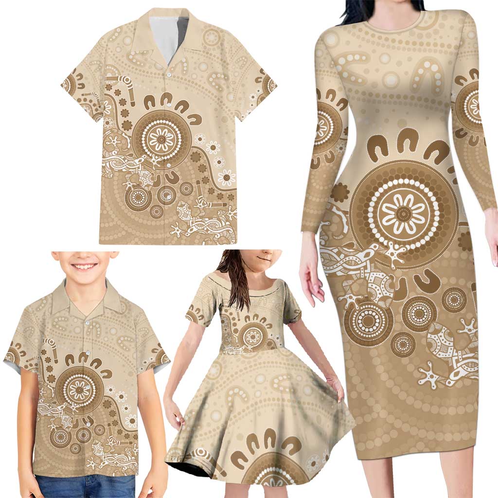 Beige Lizards Australia Family Matching Long Sleeve Bodycon Dress and Hawaiian Shirt Boomerang Indigenous Art - Vibe Hoodie