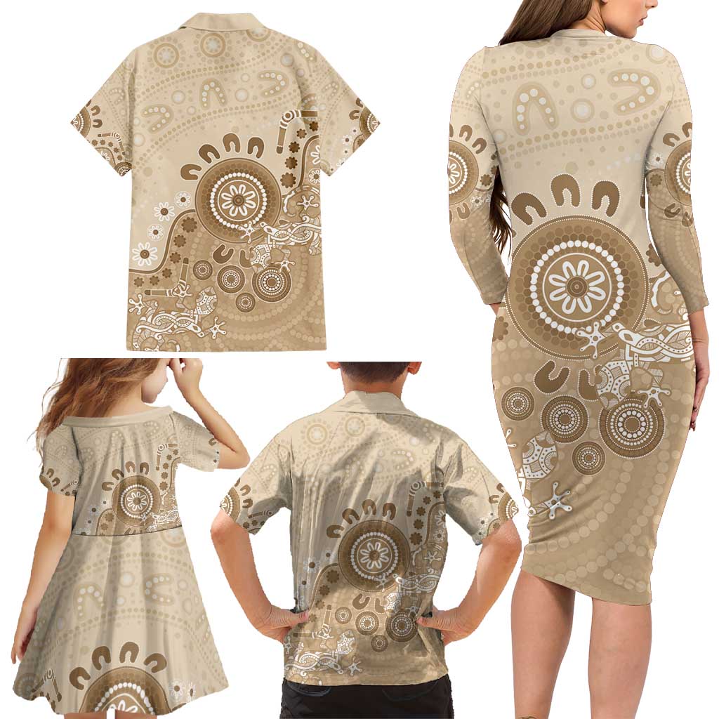 Beige Lizards Australia Family Matching Long Sleeve Bodycon Dress and Hawaiian Shirt Boomerang Indigenous Art - Vibe Hoodie