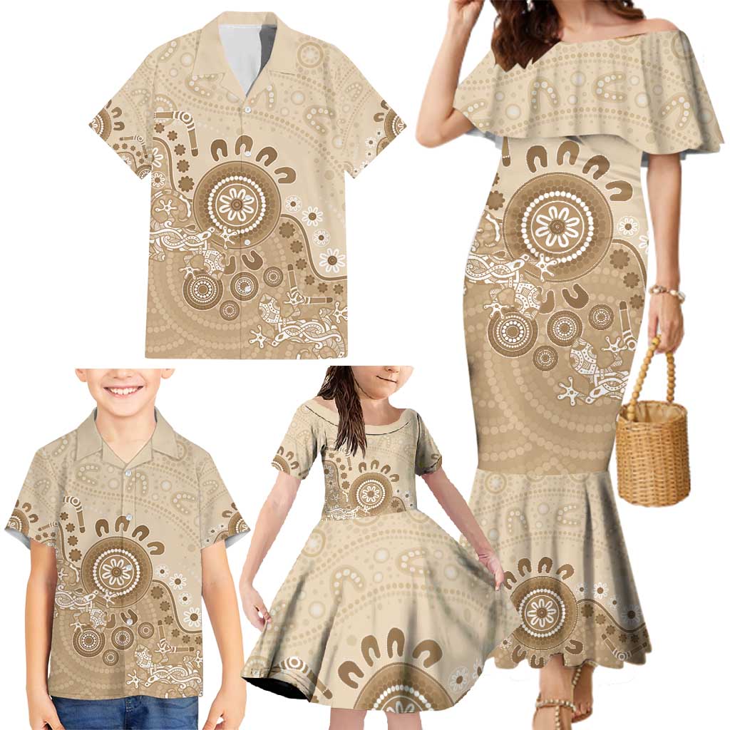 Beige Lizards Australia Family Matching Mermaid Dress and Hawaiian Shirt Boomerang Indigenous Art - Vibe Hoodie