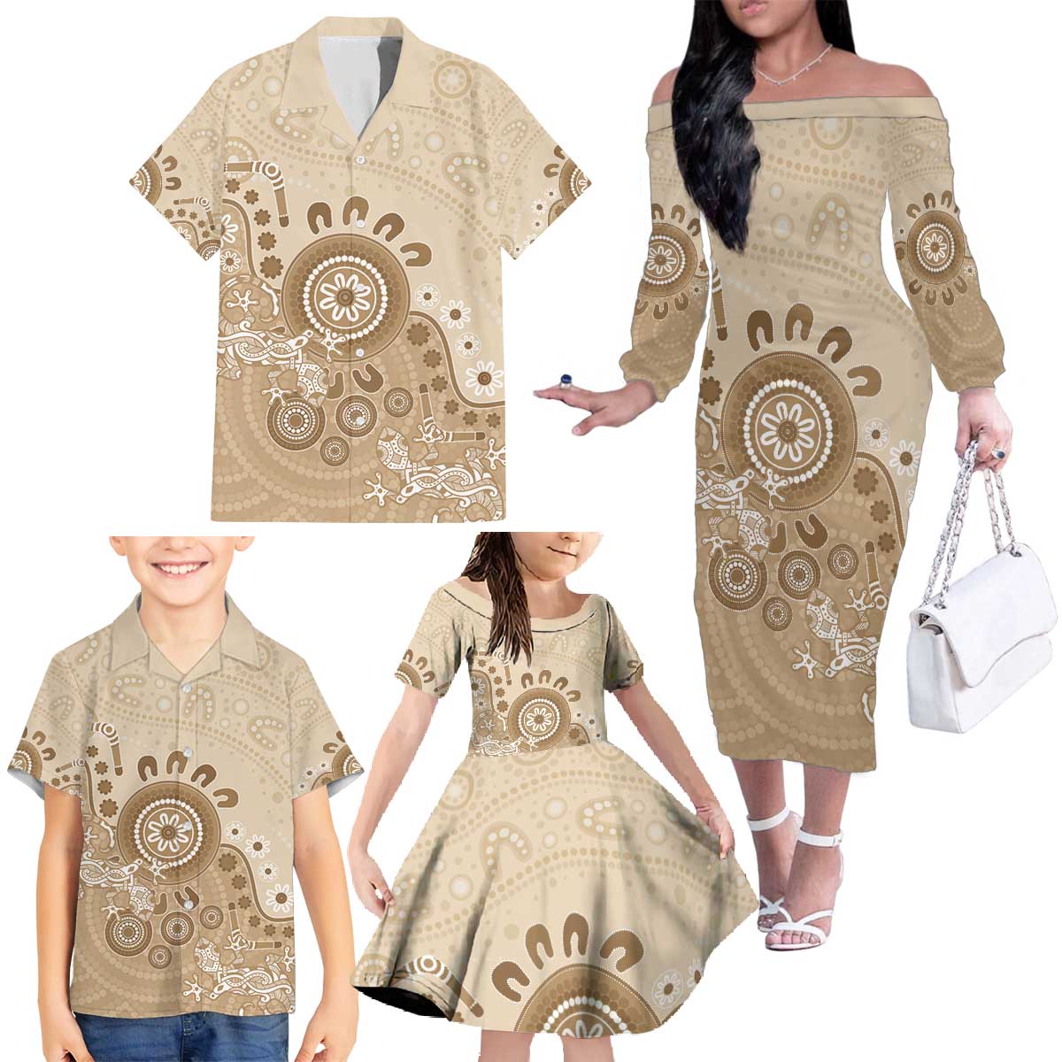 Beige Lizards Australia Family Matching Off The Shoulder Long Sleeve Dress and Hawaiian Shirt Boomerang Indigenous Art - Vibe Hoodie