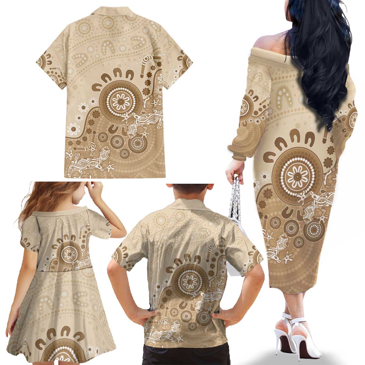 Beige Lizards Australia Family Matching Off The Shoulder Long Sleeve Dress and Hawaiian Shirt Boomerang Indigenous Art - Vibe Hoodie