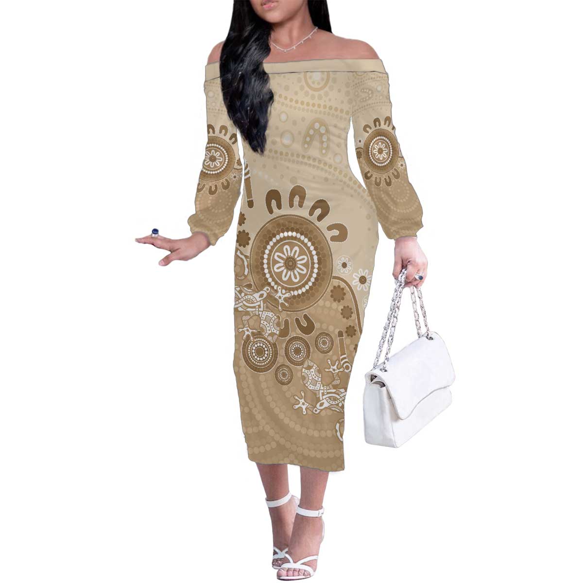Beige Lizards Australia Family Matching Off The Shoulder Long Sleeve Dress and Hawaiian Shirt Boomerang Indigenous Art - Vibe Hoodie