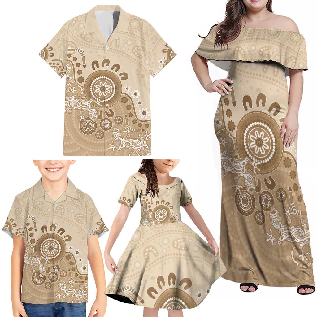 Beige Lizards Australia Family Matching Off Shoulder Maxi Dress and Hawaiian Shirt Boomerang Indigenous Art - Vibe Hoodie