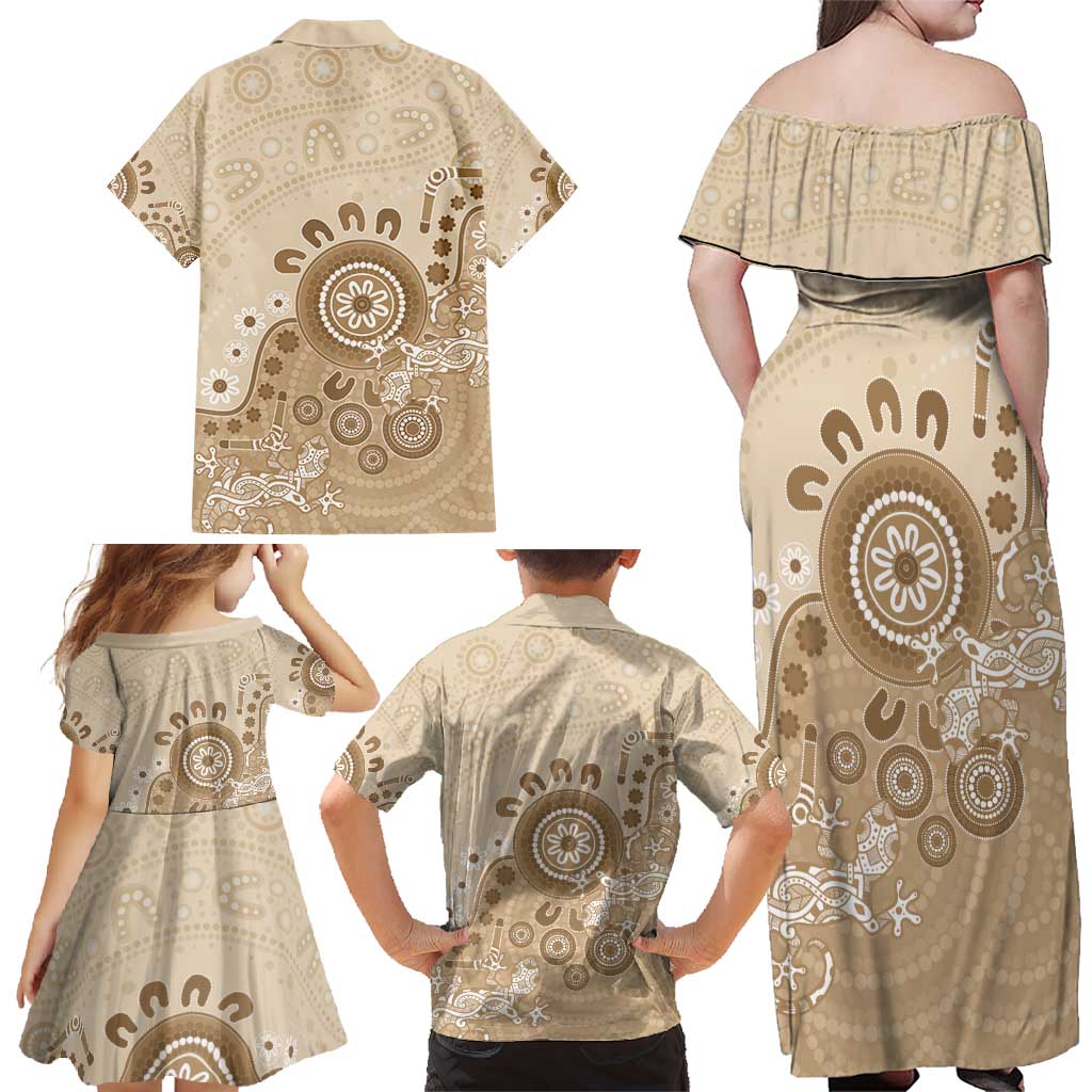 Beige Lizards Australia Family Matching Off Shoulder Maxi Dress and Hawaiian Shirt Boomerang Indigenous Art - Vibe Hoodie