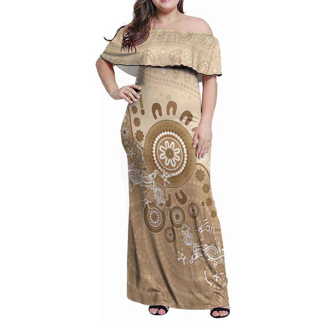 Beige Lizards Australia Family Matching Off Shoulder Maxi Dress and Hawaiian Shirt Boomerang Indigenous Art - Vibe Hoodie