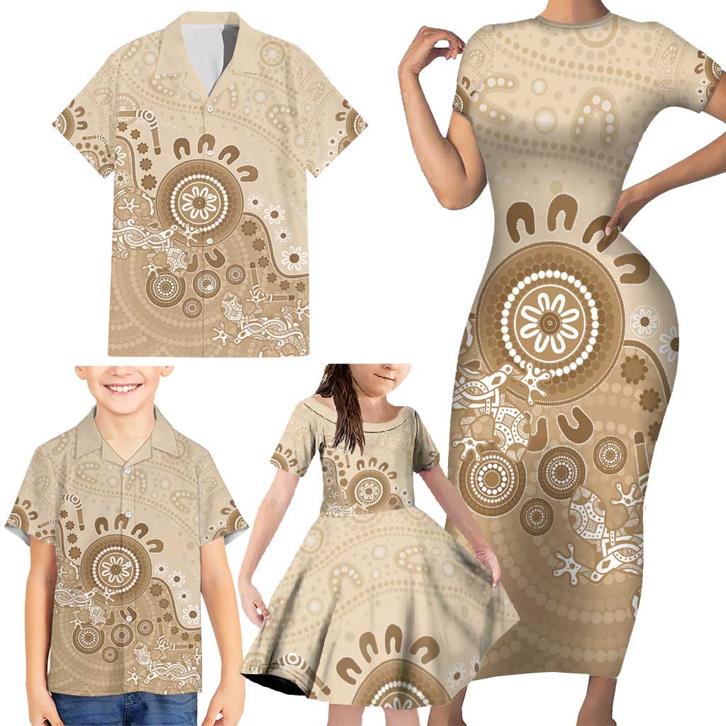 Beige Lizards Australia Family Matching Short Sleeve Bodycon Dress and Hawaiian Shirt Boomerang Indigenous Art - Vibe Hoodie