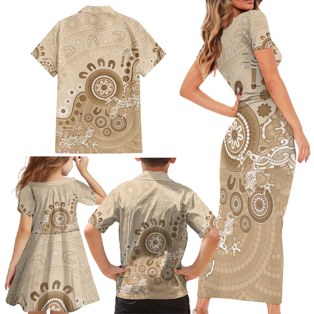 Beige Lizards Australia Family Matching Short Sleeve Bodycon Dress and Hawaiian Shirt Boomerang Indigenous Art - Vibe Hoodie