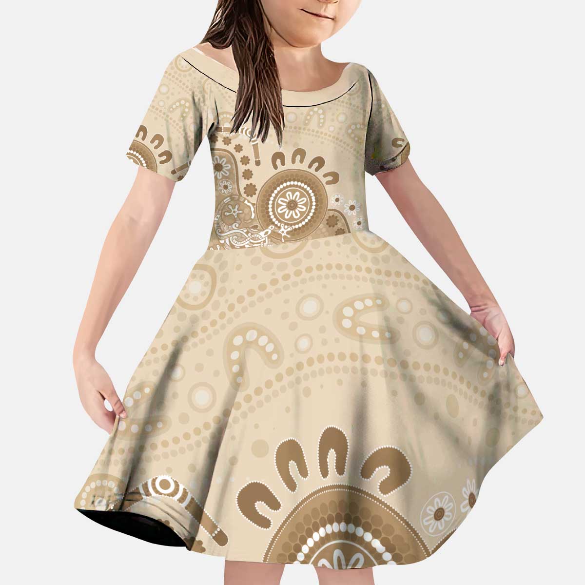 Beige Lizards Australia Kid Short Sleeve Dress Boomerang Indigenous Art - Vibe Hoodie