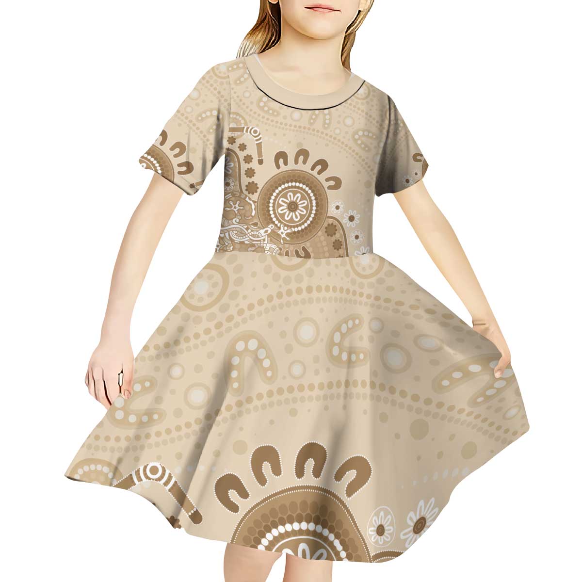 Beige Lizards Australia Kid Short Sleeve Dress Boomerang Indigenous Art - Vibe Hoodie