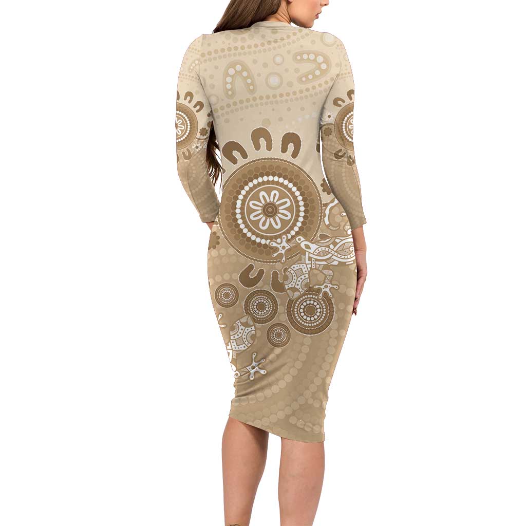 Beige Lizards Australia Long Sleeve Bodycon Dress Boomerang Indigenous Art - Vibe Hoodie