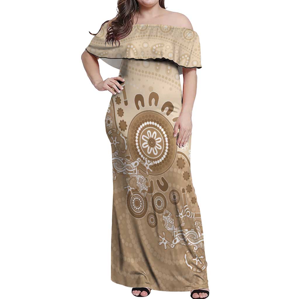 Beige Lizards Australia Off Shoulder Maxi Dress Boomerang Indigenous Art - Vibe Hoodie