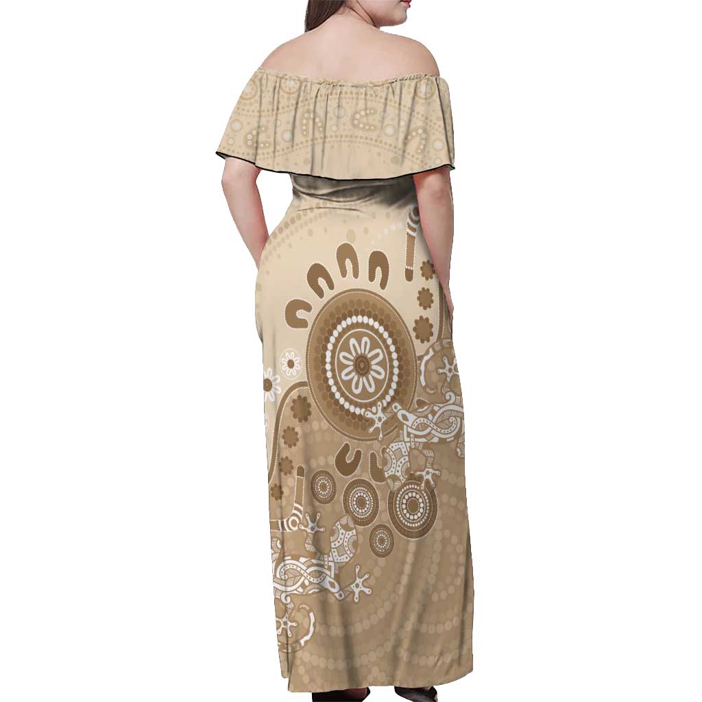 Beige Lizards Australia Off Shoulder Maxi Dress Boomerang Indigenous Art - Vibe Hoodie