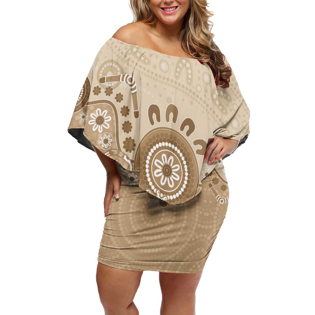 Beige Lizards Australia Off Shoulder Short Dress Boomerang Indigenous Art - Vibe Hoodie