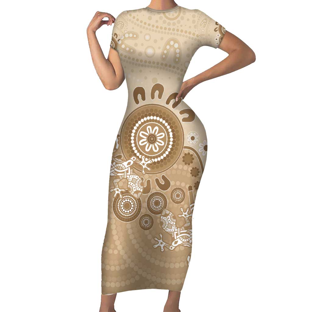 Beige Lizards Australia Short Sleeve Bodycon Dress Boomerang Indigenous Art - Vibe Hoodie