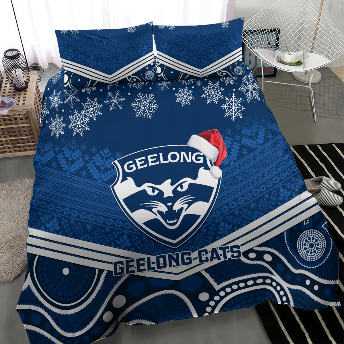 Geelong Football Christmas Bedding Set Merry Xmas 2023 Mix Aboriginal Art - Vibe Hoodie Shop
