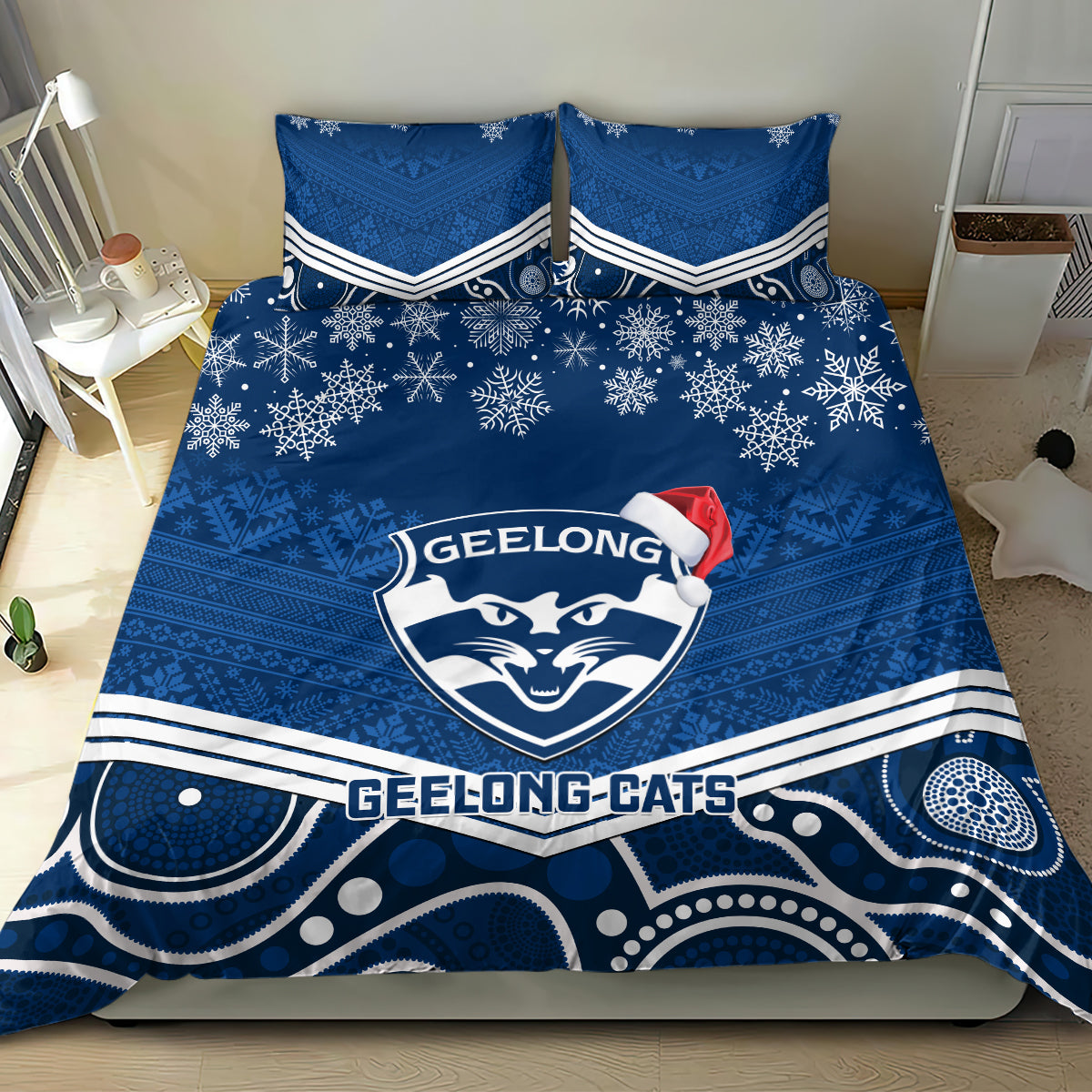 Geelong Football Christmas Bedding Set Merry Xmas 2023 Mix Aboriginal Art - Vibe Hoodie Shop