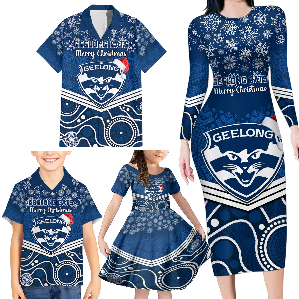 custom-geelong-football-christmas-family-matching-long-sleeve-bodycon-dress-and-hawaiian-shirt-merry-xmas-2023-mix-aboriginal-art