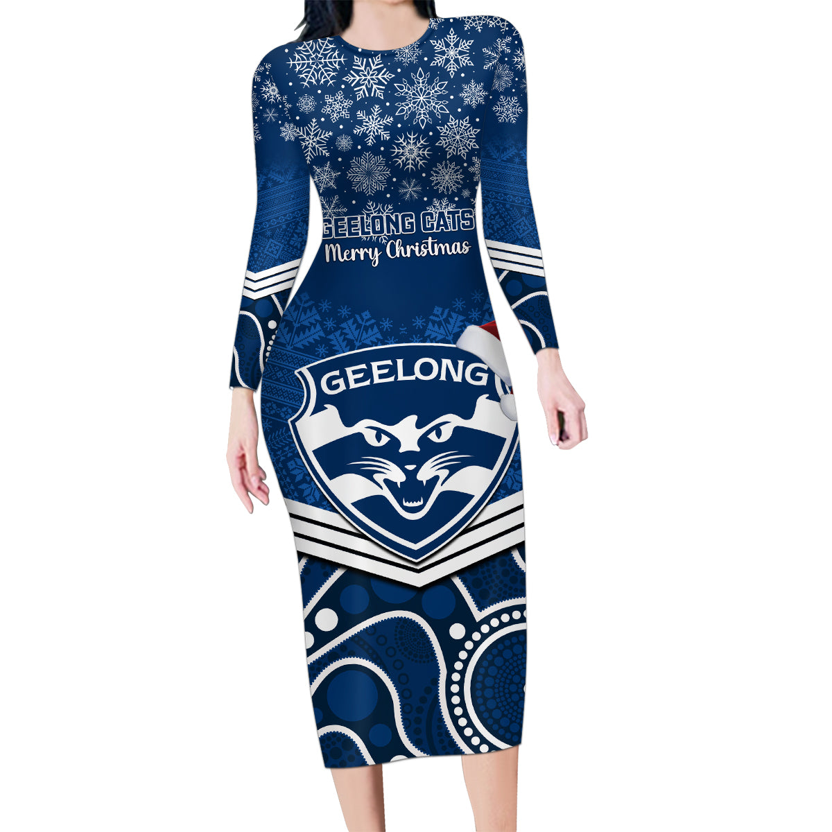 custom-geelong-football-christmas-family-matching-long-sleeve-bodycon-dress-and-hawaiian-shirt-merry-xmas-2023-mix-aboriginal-art