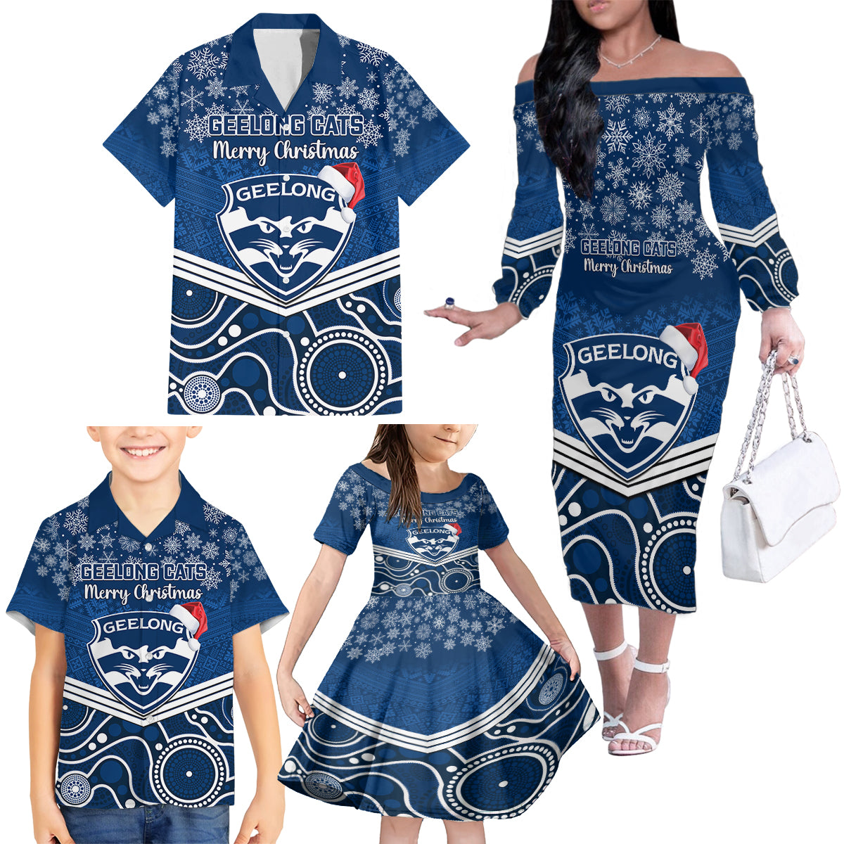 custom-geelong-football-christmas-family-matching-off-shoulder-long-sleeve-dress-and-hawaiian-shirt-merry-xmas-2023-mix-aboriginal-art