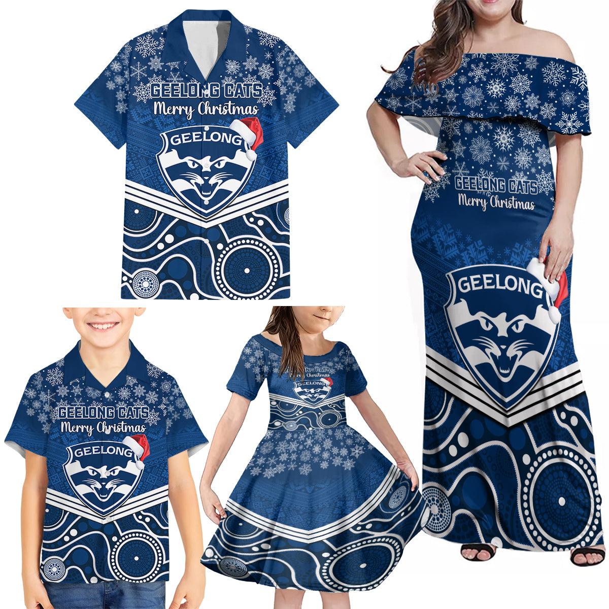 custom-geelong-football-christmas-family-matching-off-shoulder-maxi-dress-and-hawaiian-shirt-merry-xmas-2023-mix-aboriginal-art