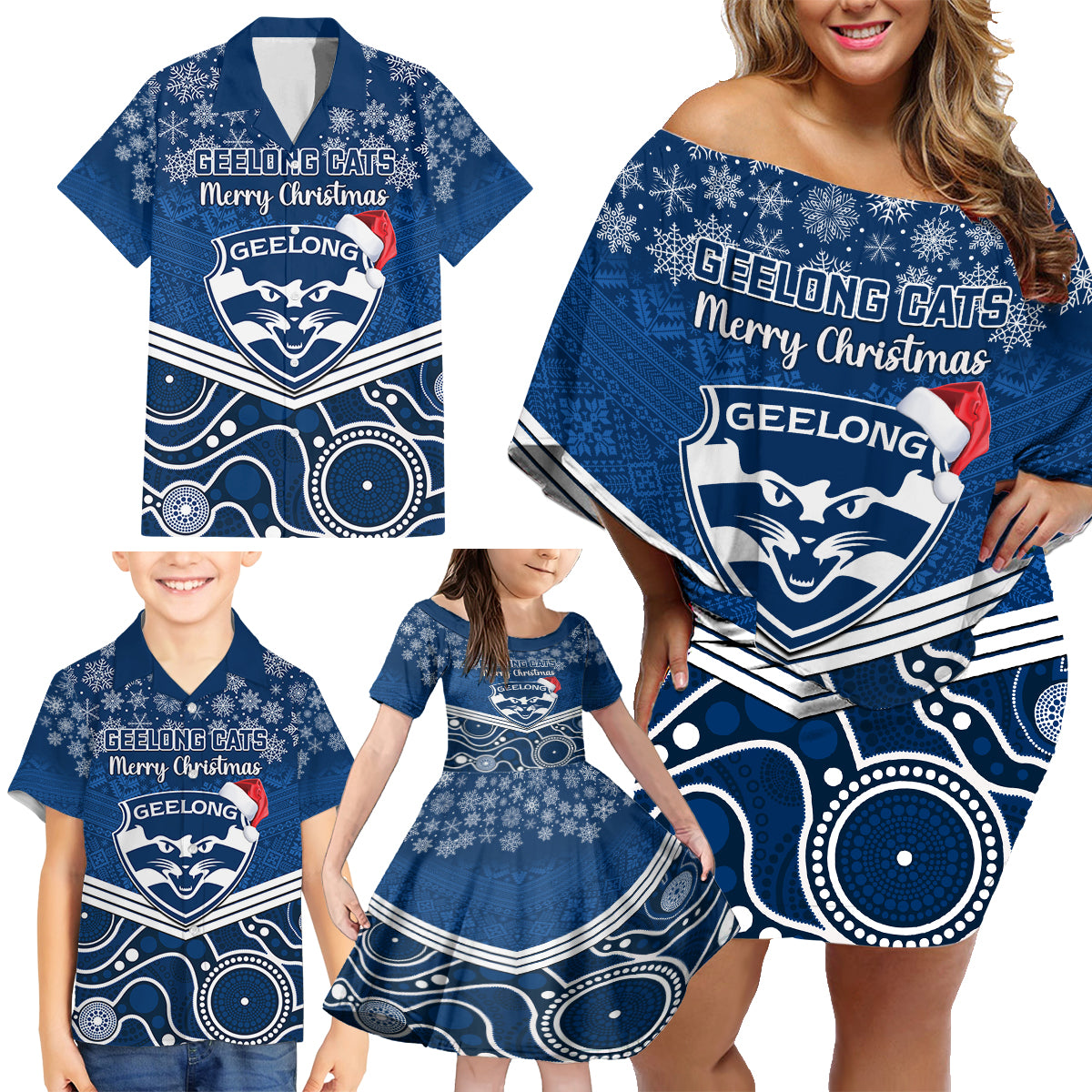 custom-geelong-football-christmas-family-matching-off-shoulder-short-dress-and-hawaiian-shirt-merry-xmas-2023-mix-aboriginal-art