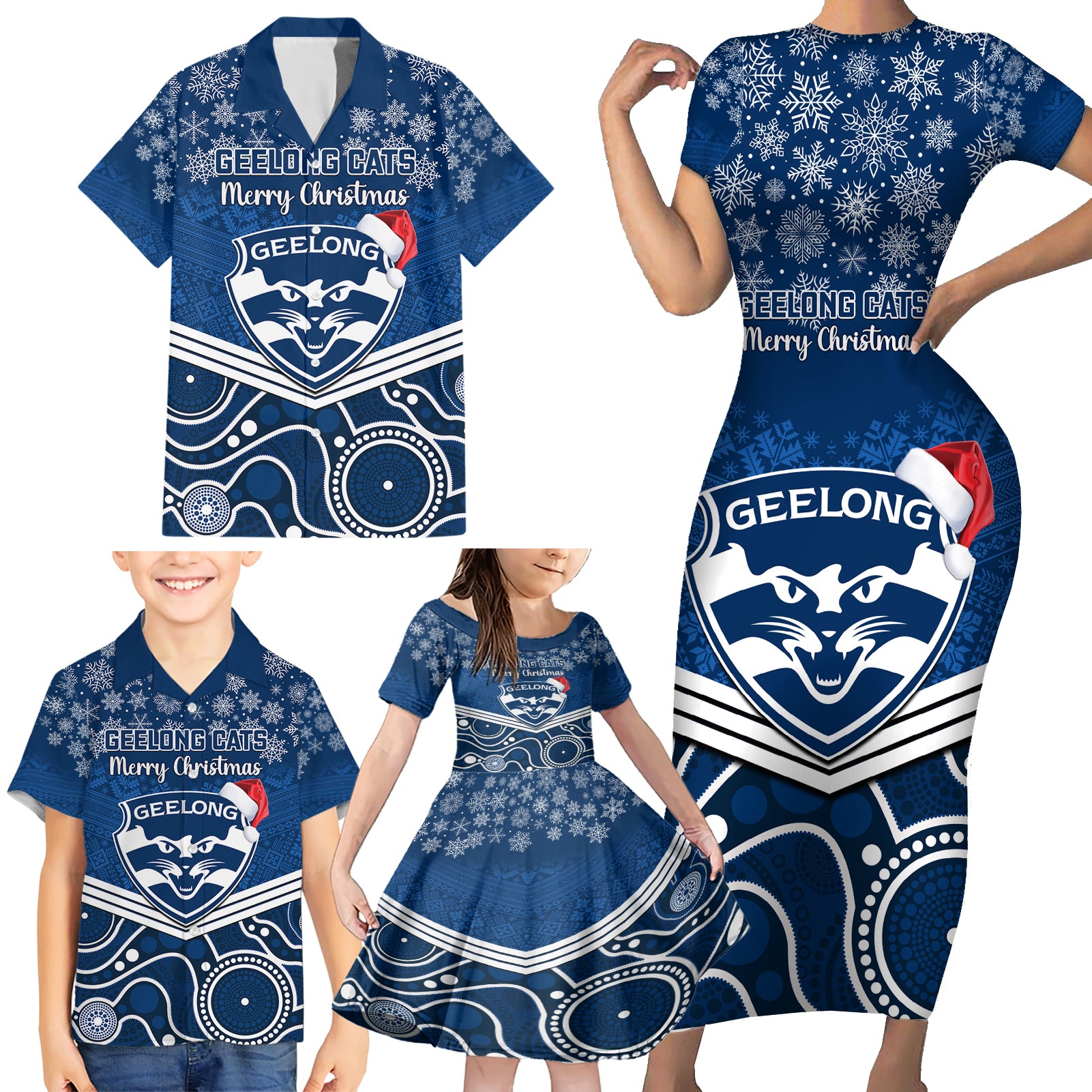 custom-geelong-football-christmas-family-matching-short-sleeve-bodycon-dress-and-hawaiian-shirt-merry-xmas-2023-mix-aboriginal-art