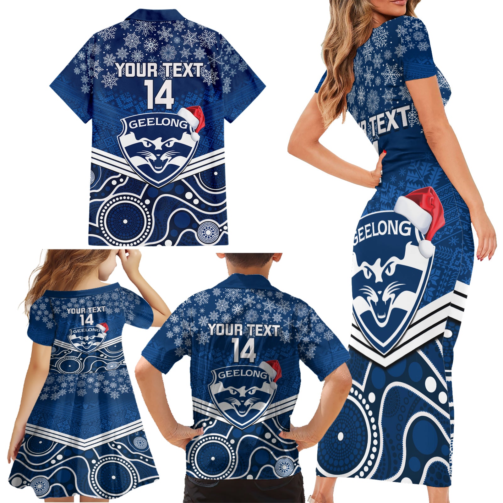 custom-geelong-football-christmas-family-matching-short-sleeve-bodycon-dress-and-hawaiian-shirt-merry-xmas-2023-mix-aboriginal-art