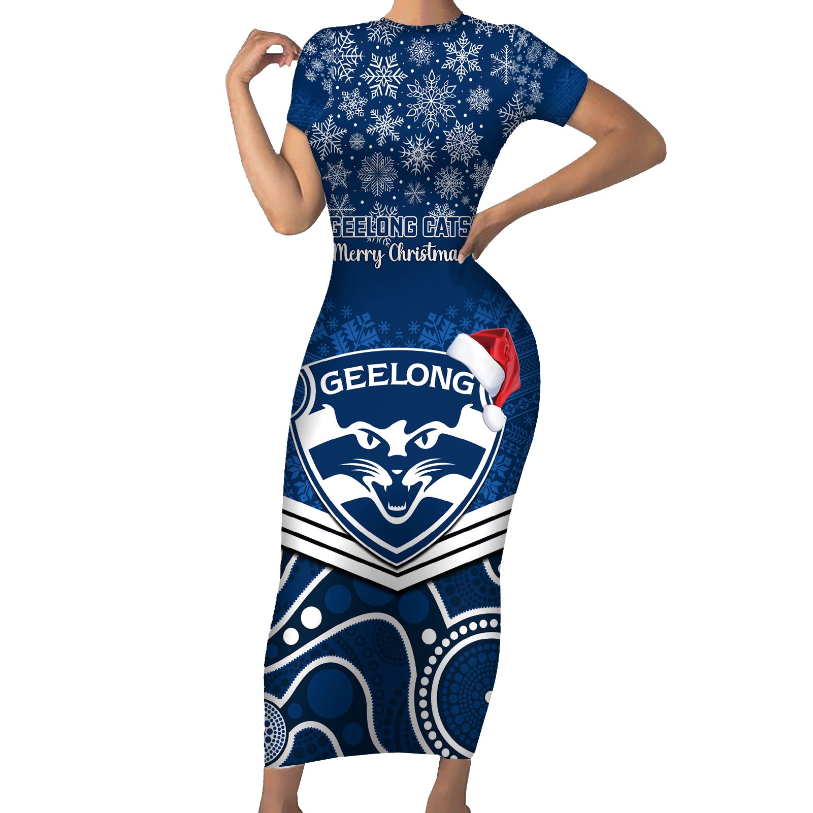 custom-geelong-football-christmas-family-matching-short-sleeve-bodycon-dress-and-hawaiian-shirt-merry-xmas-2023-mix-aboriginal-art