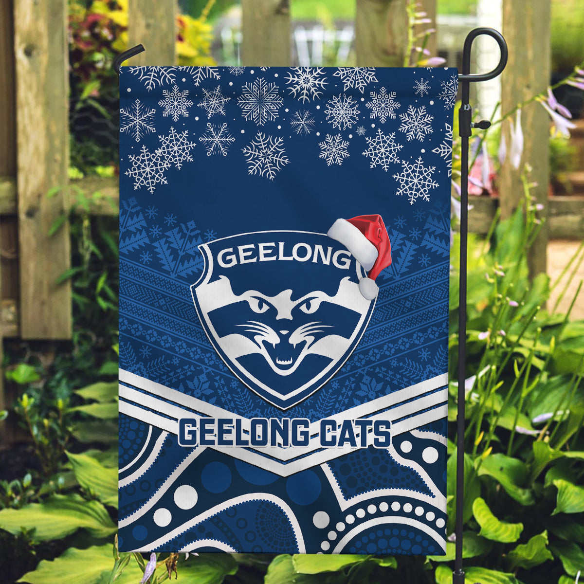 Geelong Football Christmas Garden Flag Merry Xmas 2023 Mix Aboriginal Art - Vibe Hoodie Shop