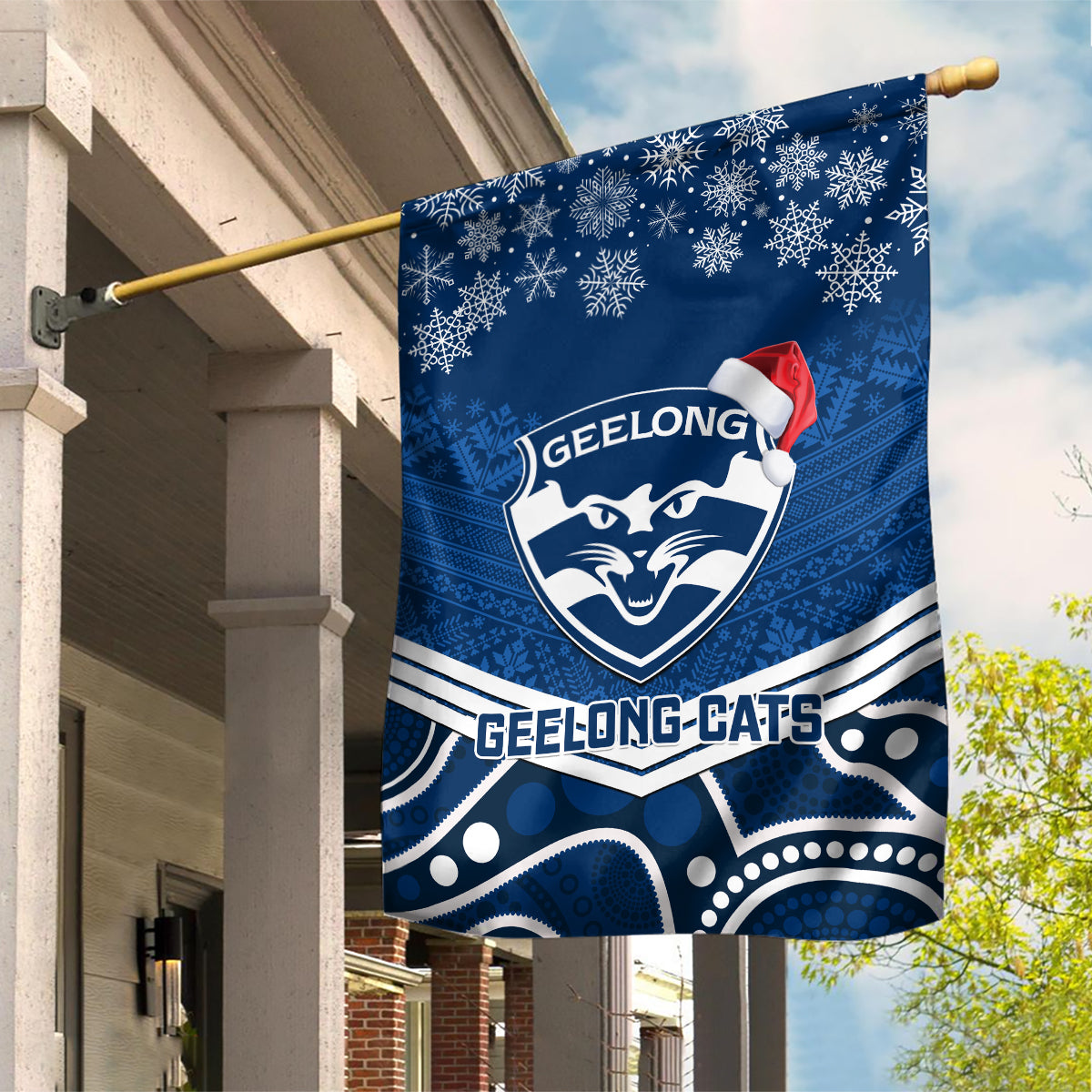 Geelong Football Christmas Garden Flag Merry Xmas 2023 Mix Aboriginal Art - Vibe Hoodie Shop