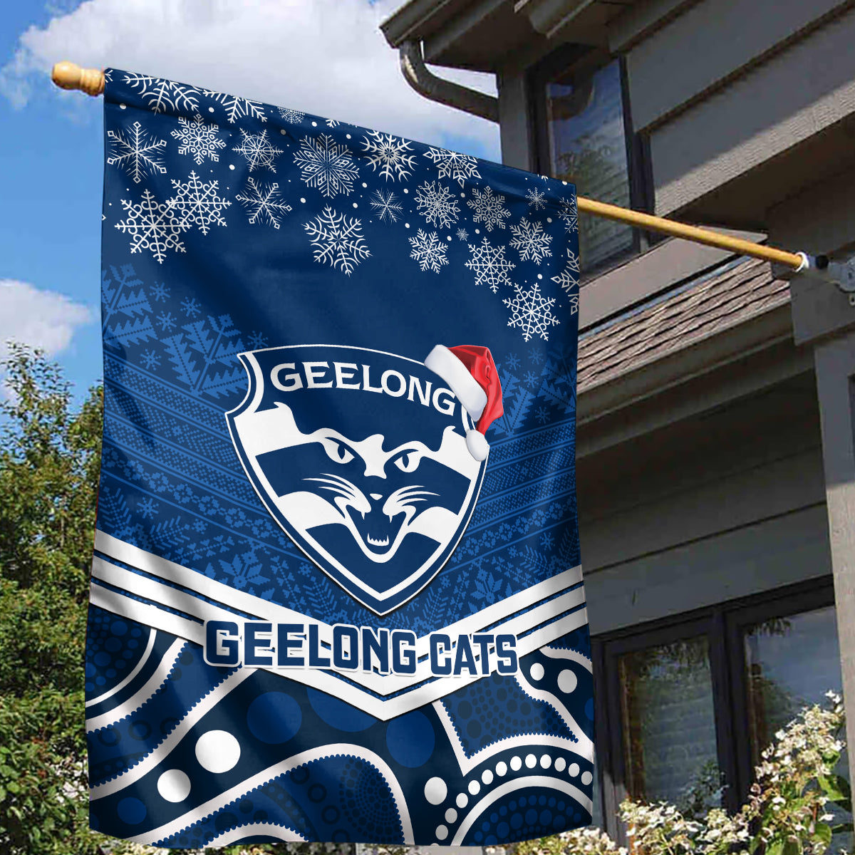 Geelong Football Christmas Garden Flag Merry Xmas 2023 Mix Aboriginal Art - Vibe Hoodie Shop