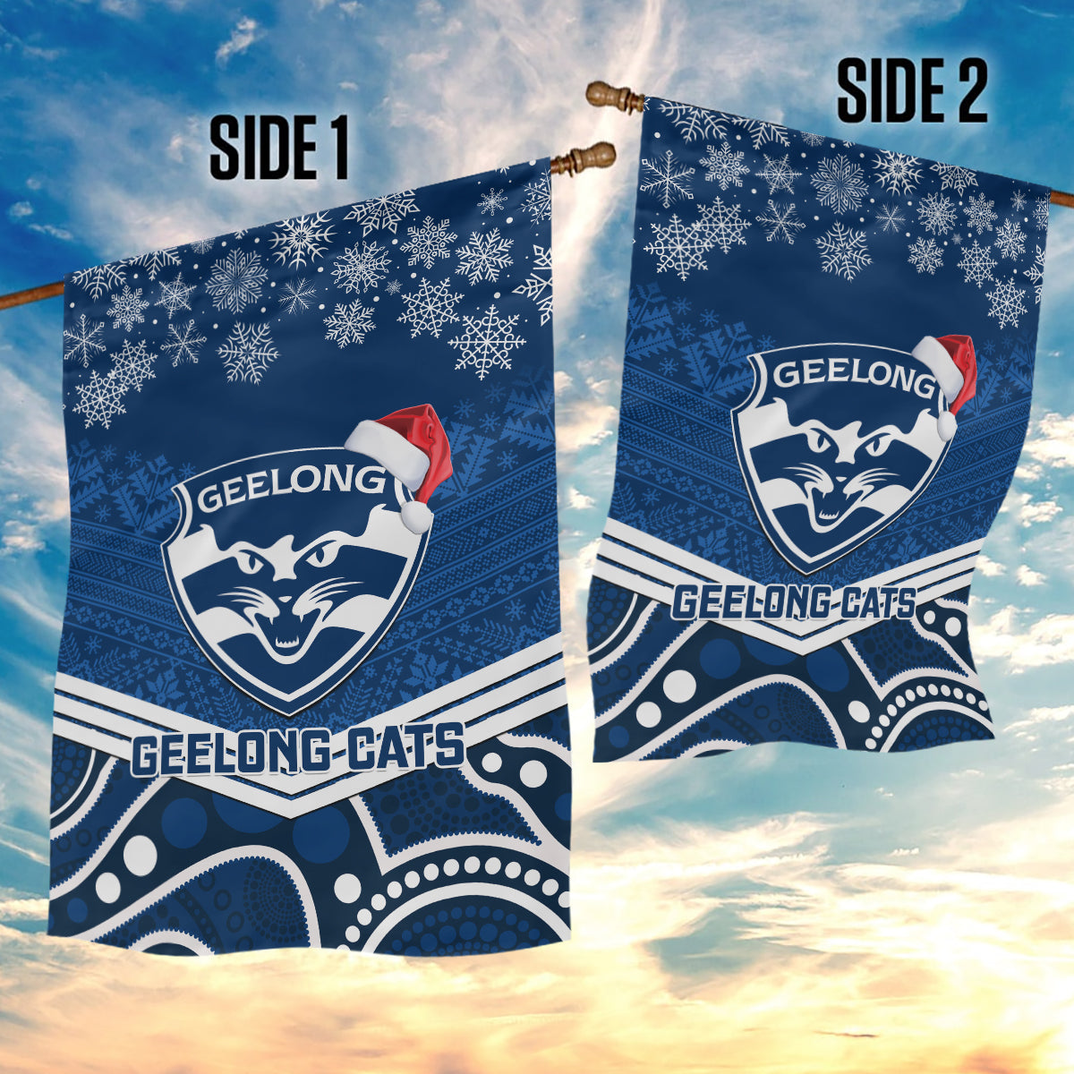 Geelong Football Christmas Garden Flag Merry Xmas 2023 Mix Aboriginal Art - Vibe Hoodie Shop