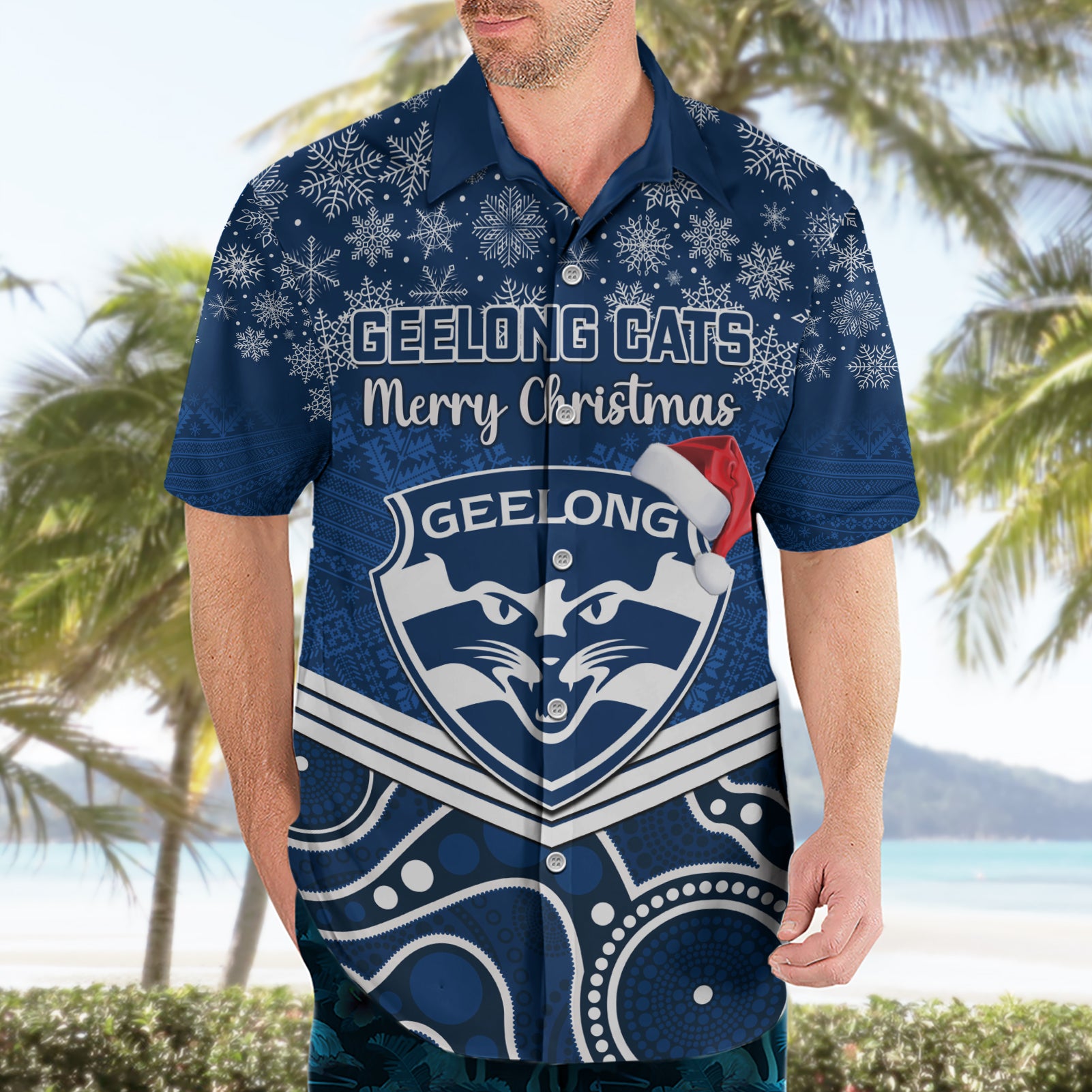 Custom Geelong Football Christmas Hawaiian Shirt Merry Xmas 2023 Mix Aboriginal Art - Vibe Hoodie Shop