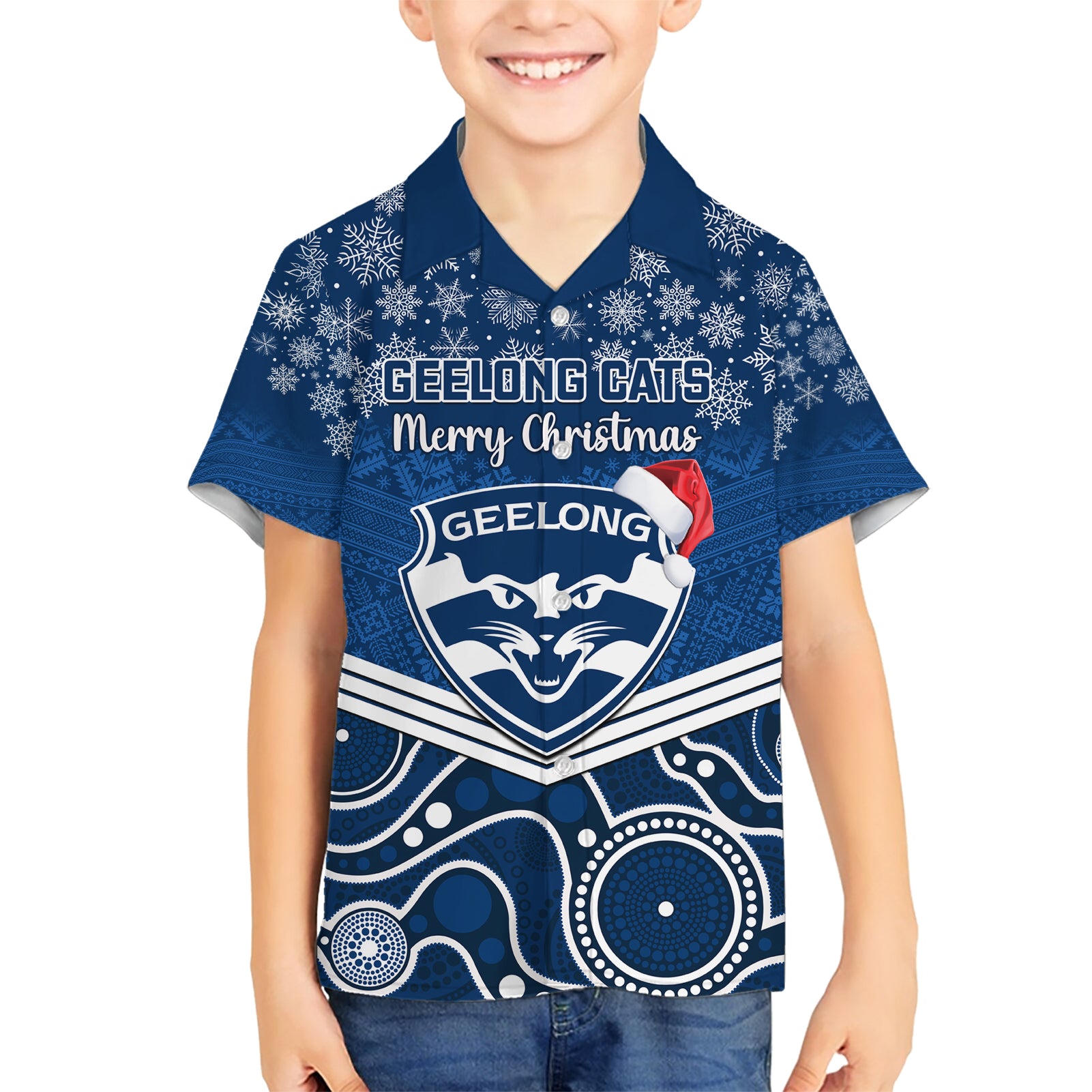 Custom Geelong Football Christmas Hawaiian Shirt Merry Xmas 2023 Mix Aboriginal Art - Vibe Hoodie Shop