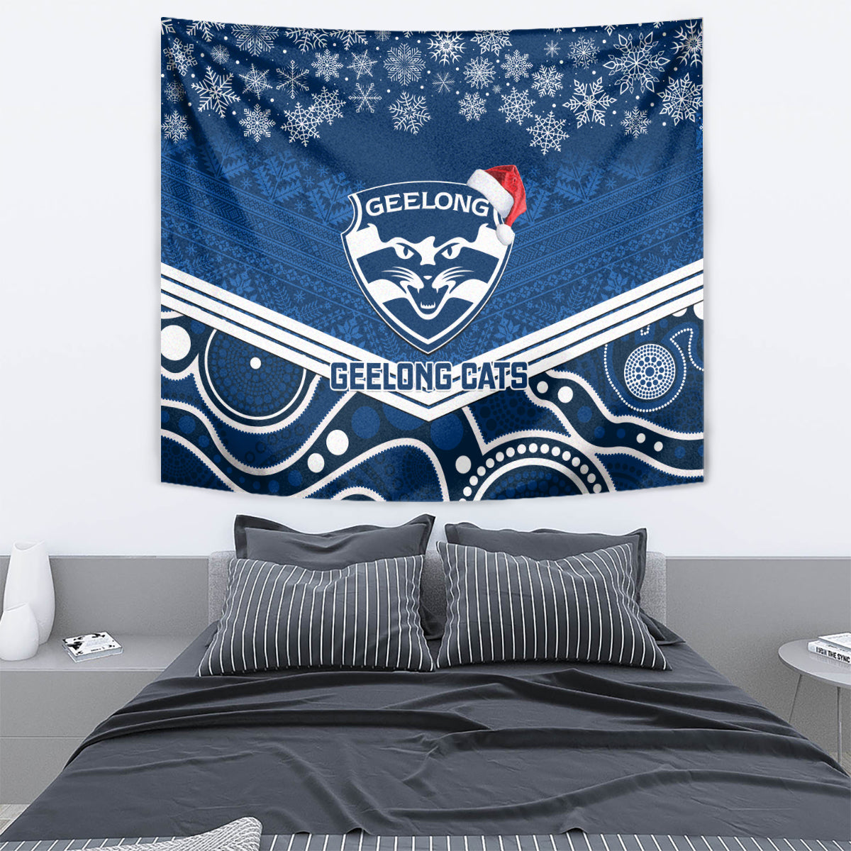 Geelong Football Christmas Tapestry Merry Xmas 2023 Mix Aboriginal Art - Vibe Hoodie Shop