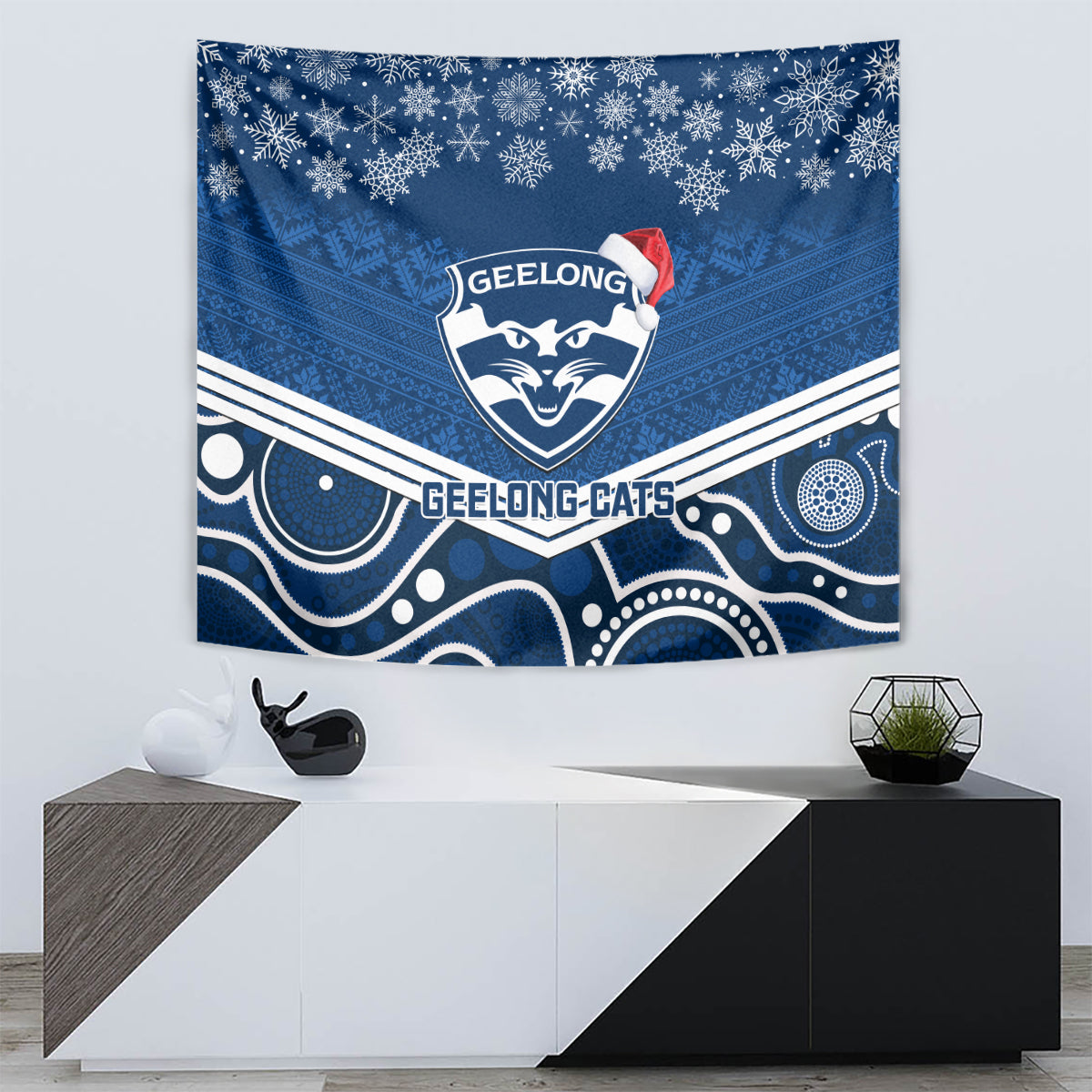 Geelong Football Christmas Tapestry Merry Xmas 2023 Mix Aboriginal Art - Vibe Hoodie Shop