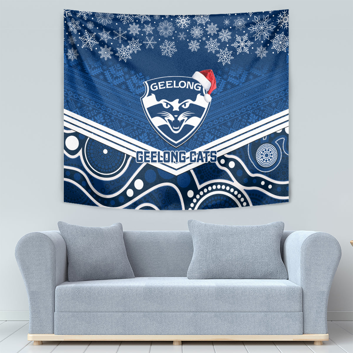 Geelong Football Christmas Tapestry Merry Xmas 2023 Mix Aboriginal Art - Vibe Hoodie Shop