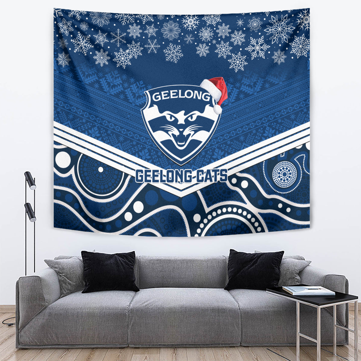 Geelong Football Christmas Tapestry Merry Xmas 2023 Mix Aboriginal Art - Vibe Hoodie Shop