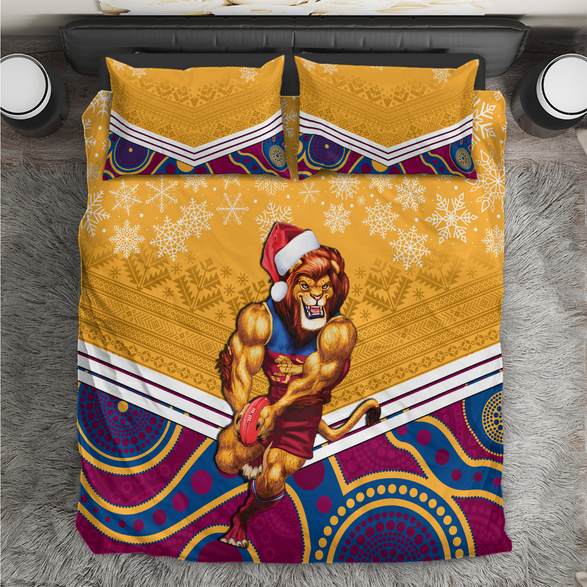 Custom Brisbane Lions Football Christmas Bedding Set Merry Xmas 2023 Mix Aboriginal Art - Vibe Hoodie Shop