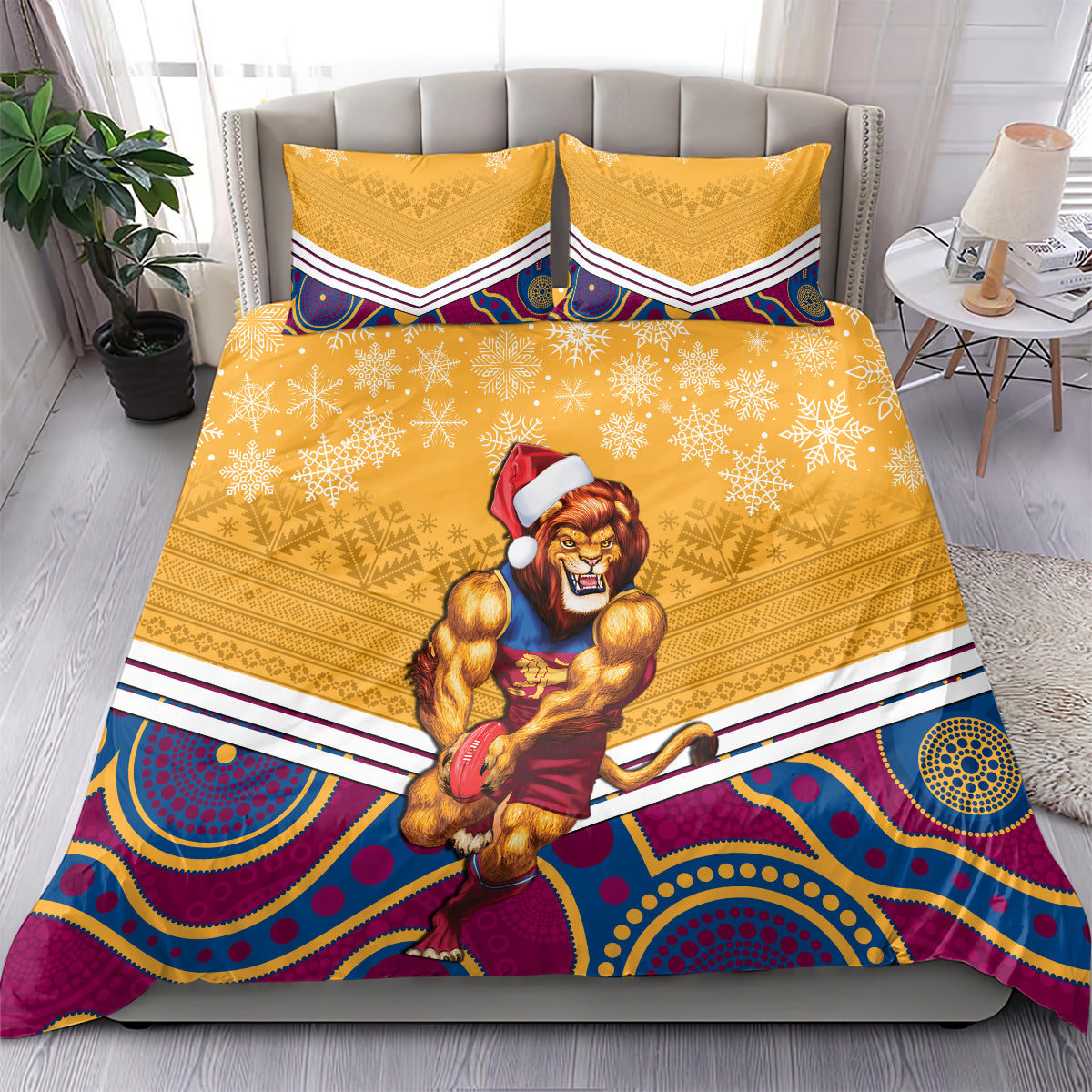 Custom Brisbane Lions Football Christmas Bedding Set Merry Xmas 2023 Mix Aboriginal Art - Vibe Hoodie Shop