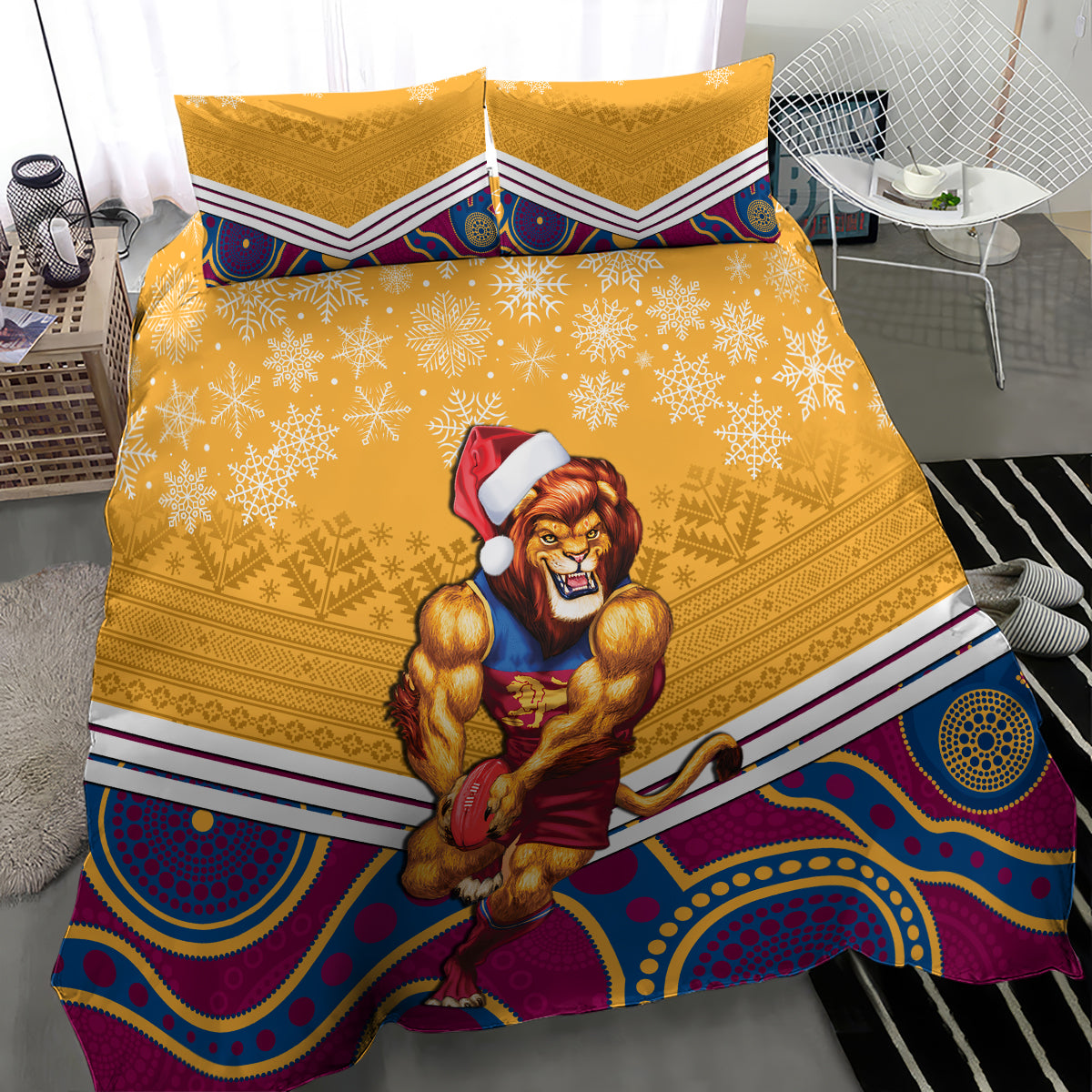 Custom Brisbane Lions Football Christmas Bedding Set Merry Xmas 2023 Mix Aboriginal Art - Vibe Hoodie Shop