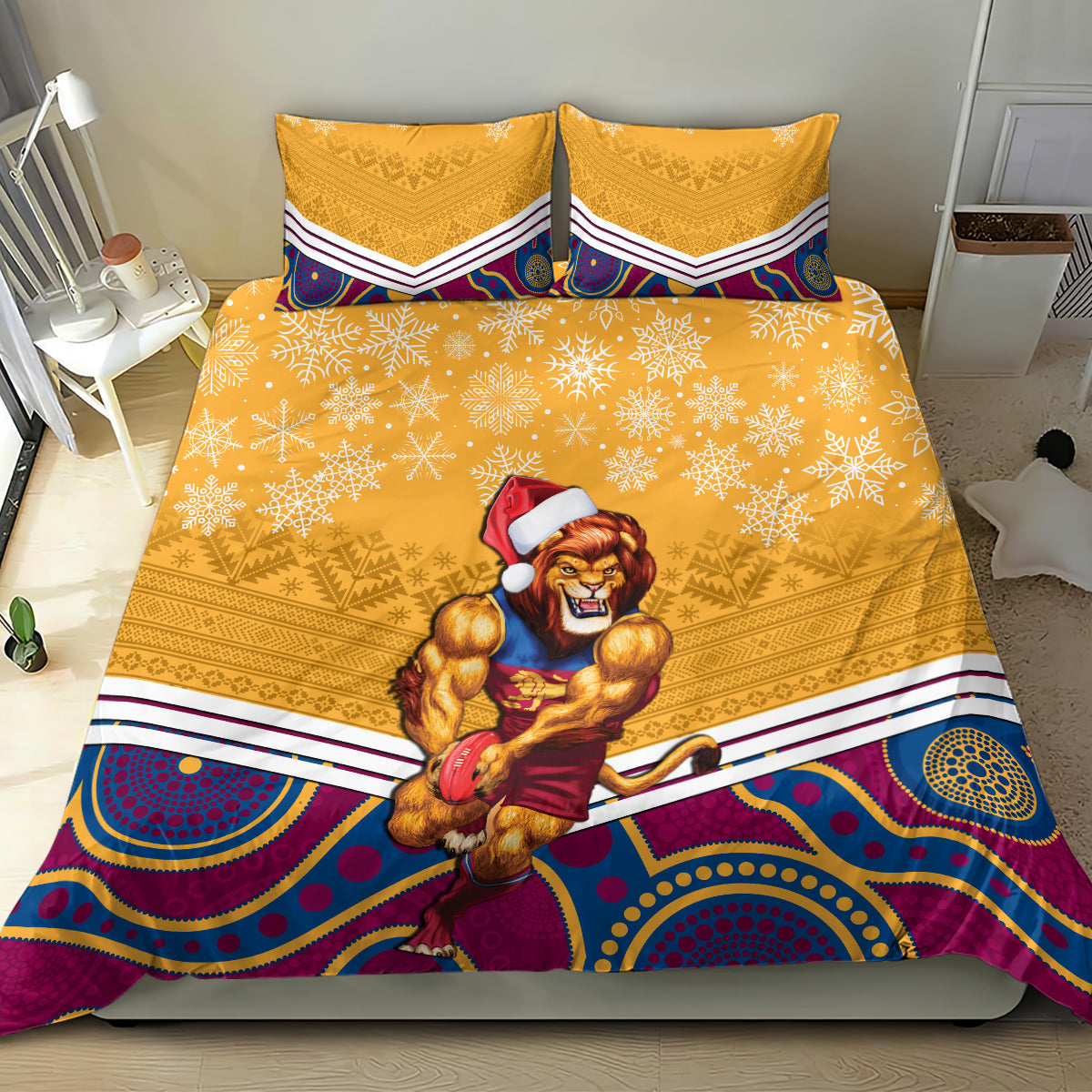 Custom Brisbane Lions Football Christmas Bedding Set Merry Xmas 2023 Mix Aboriginal Art - Vibe Hoodie Shop