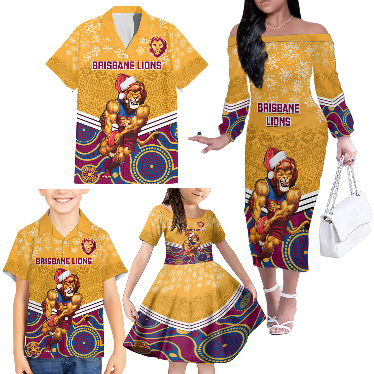 custom-brisbane-lions-football-christmas-family-matching-off-shoulder-long-sleeve-dress-and-hawaiian-shirt-merry-xmas-2023-mix-aboriginal-art