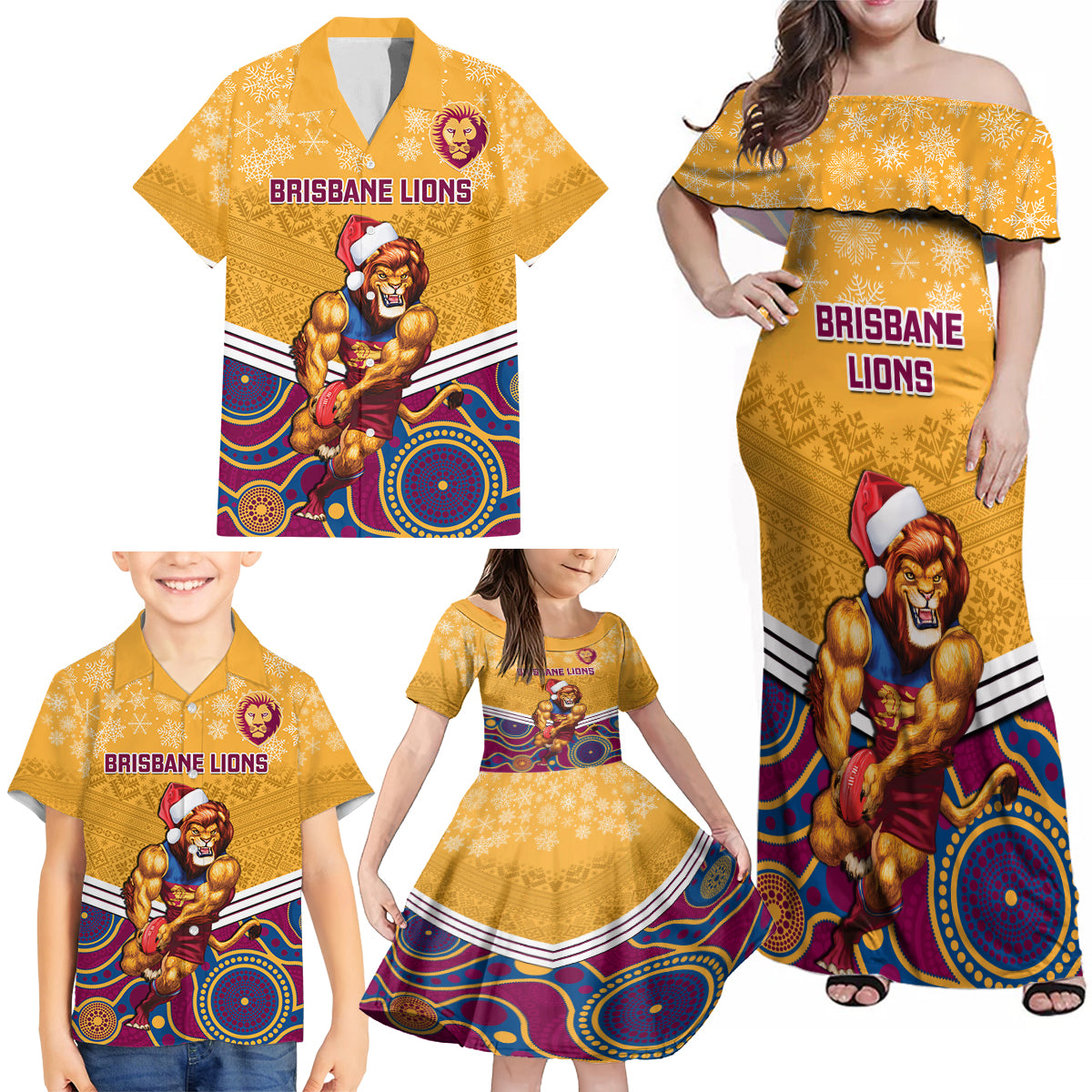 custom-brisbane-lions-football-christmas-family-matching-off-shoulder-maxi-dress-and-hawaiian-shirt-merry-xmas-2023-mix-aboriginal-art