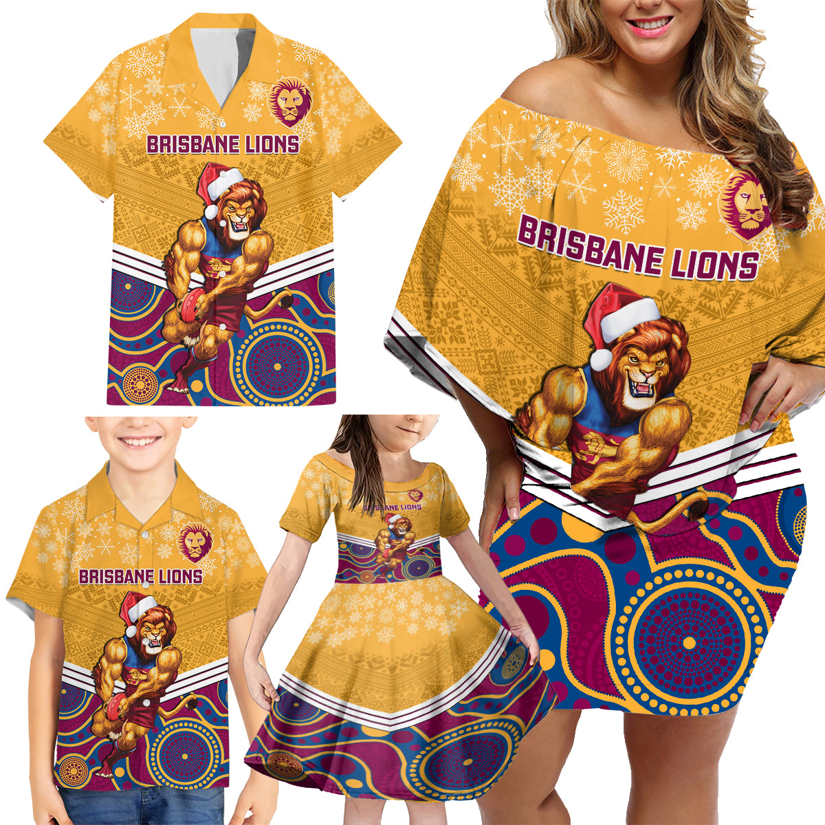 custom-brisbane-lions-football-christmas-family-matching-off-shoulder-short-dress-and-hawaiian-shirt-merry-xmas-2023-mix-aboriginal-art