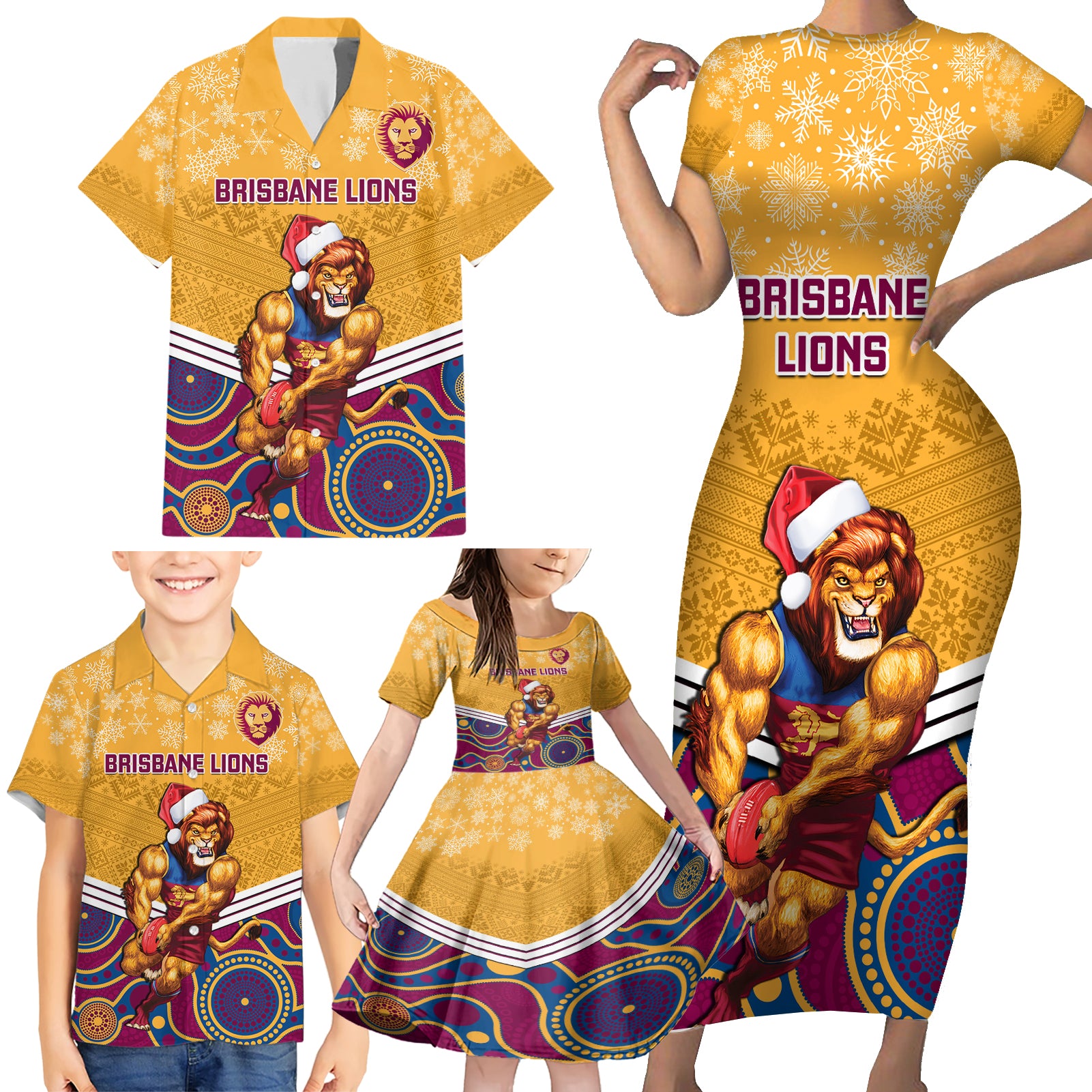 custom-brisbane-lions-football-christmas-family-matching-short-sleeve-bodycon-dress-and-hawaiian-shirt-merry-xmas-2023-mix-aboriginal-art