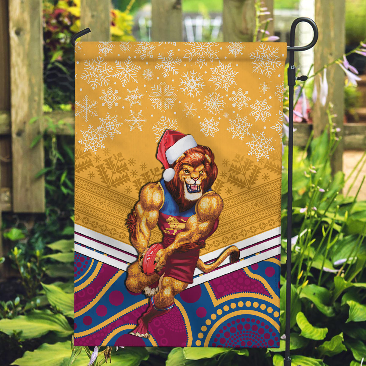 Custom Brisbane Lions Football Christmas Garden Flag Merry Xmas 2023 Mix Aboriginal Art - Vibe Hoodie Shop